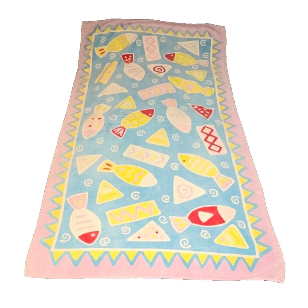 Vintage Terrisol Beach Towel Cotton Brazil 80's Pink Fish Geometric 2 Side 38x67